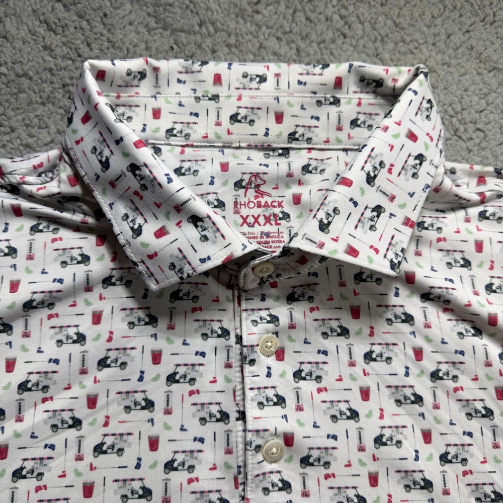 Rhoback Golf Cart Red Cup Performance Polo Shirt White Mens 3XL Novelty